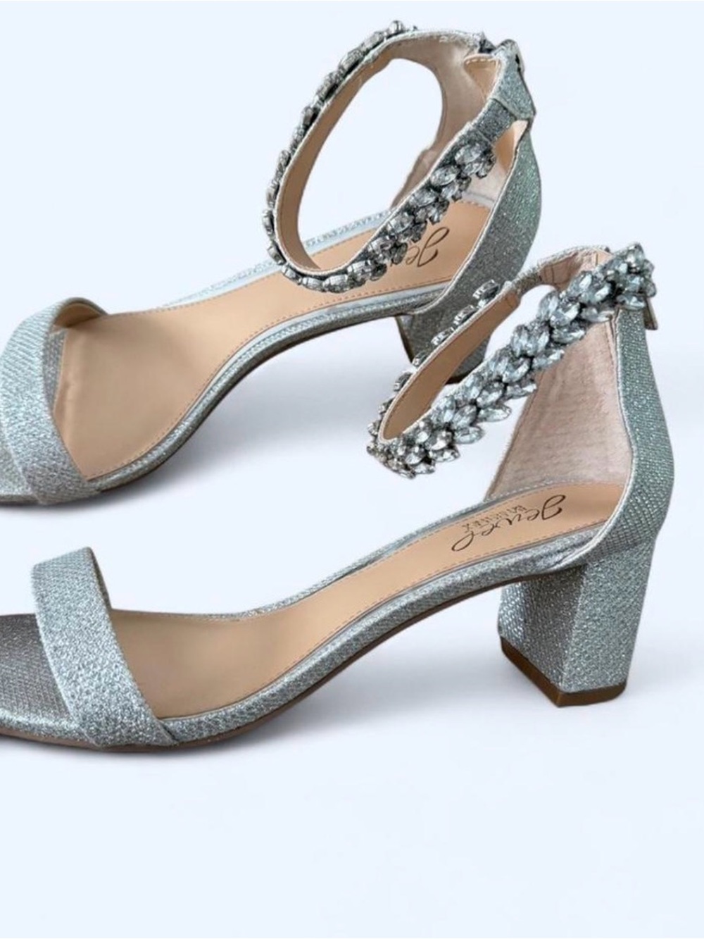 Jewel Badgley Mischka Silver Crystal Ankle-Strap Block Heel Sandals